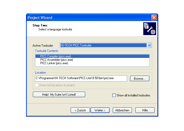 Der MPLAB Project Wizard - Auswahl des Compilers