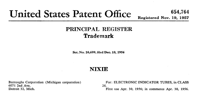 Nixie tube trademark application