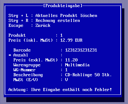 Die Eingabemaske für die Produkte