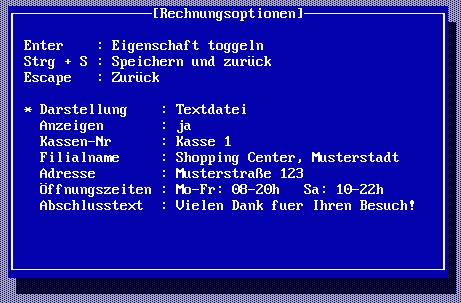 Das Optionsmenü für die Rechnung